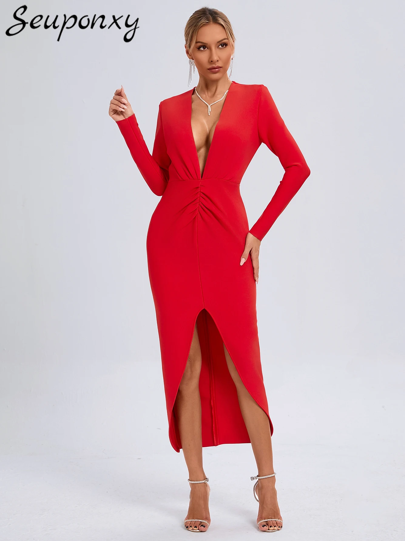 

High Quality Women'S Red Bandage Midi Dress 2024 Sexy Deep V-Neck Long Sleeved Pleated High Slit Celebrity Party Dress Vestidos