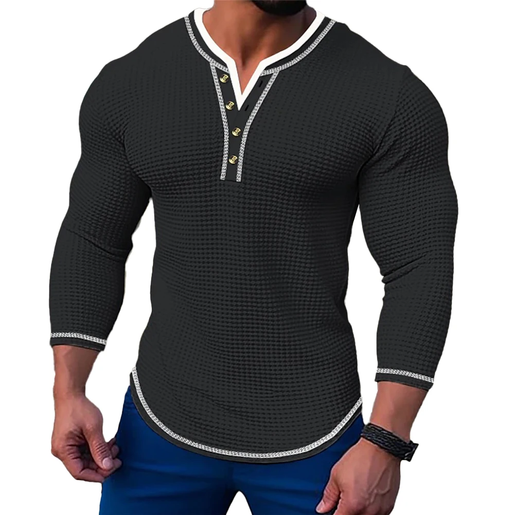 

Fashion Men's Henley Collar T-Shirts Casual Waffle Slim Fit Long Sleeve V Neck Button Tees Tops Pullover T Shirt Clothing