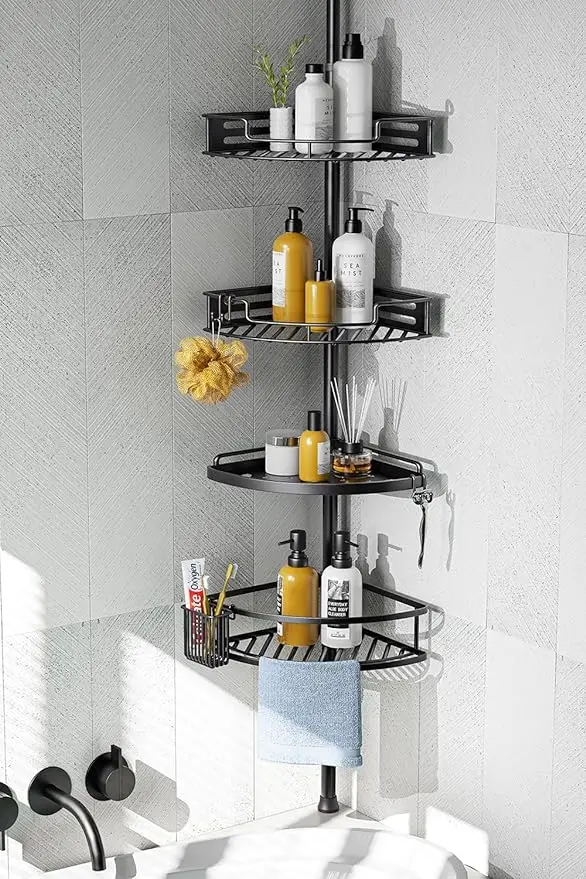 

HAMITOR Corner Shower Caddy Tension Pole: Quick Installation 4-Tier Rustproof Bathroom Organizer Shelves for Bathtub Shampoo