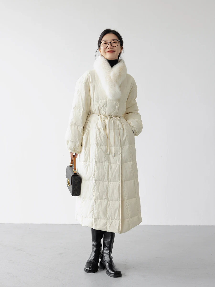 Long down Jacket Women's Winter Fox Fur Collar Waist-Tight Design Sense White Duck down Coat
Long down Jacket Women's Winter Fox Fur Collar Waist-Tight Design Sense White Duck down Coat