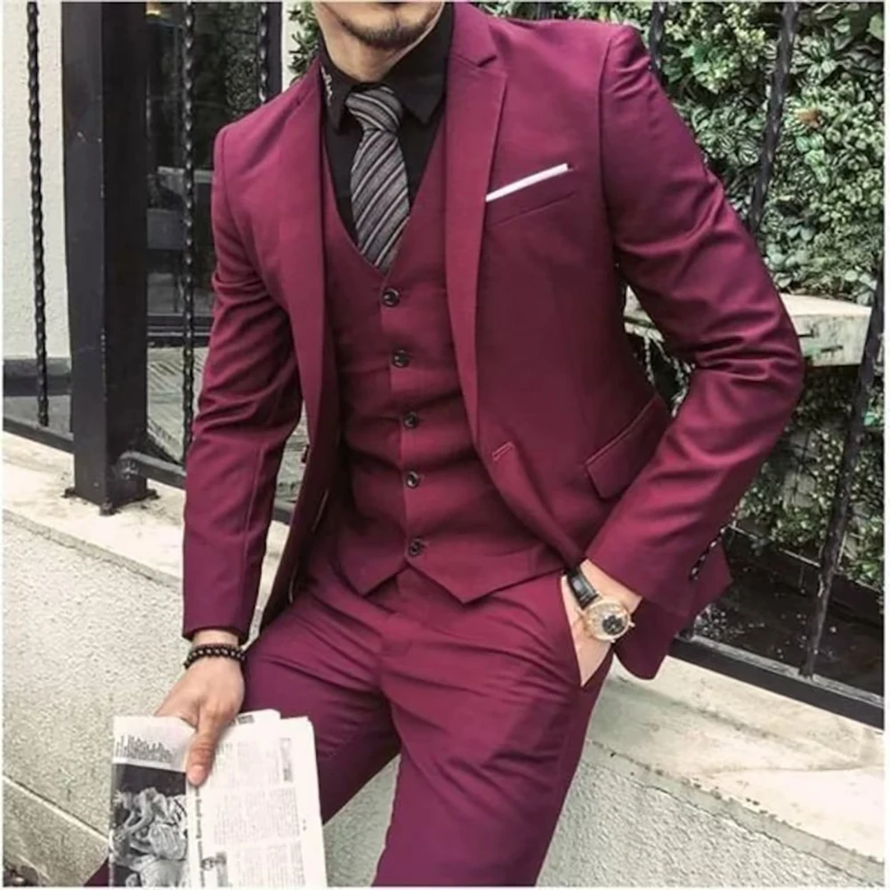 

Burgundy Costume Hombres Luxury Men's Suits Notched Lapel Single Breasted Business Flat Regular Length 3 Piece Jacket Pants Vest