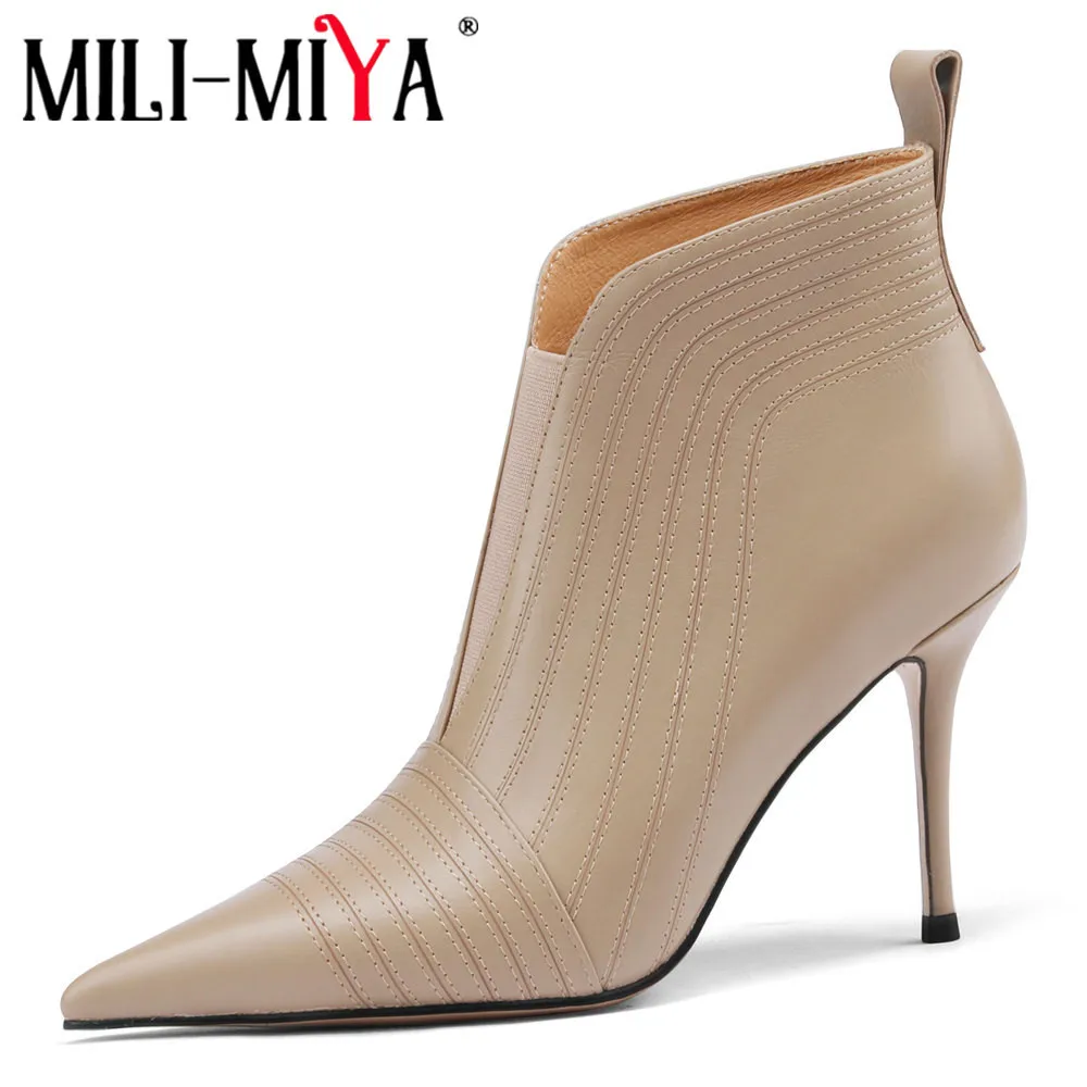 MILI-MIYA Sexy Pointed Toe Women Full Genuine Leather Ankle Boots Slip On Solid Color Super High Thin Heels Handmade For Ladies
MILI-MIYA Sexy Pointed Toe Women Full Genuine Leather Ankle Boots Slip On Solid Color Super High Thin Heels Handmade For Ladies