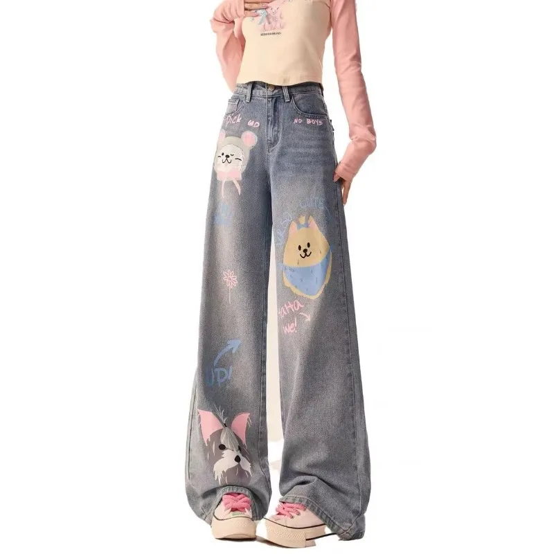 

American Retro Cartoon Graffiti Print Wide Leg Jeans Women's Autumn New Pants High Waisted Slim Loose Full-length Denim Pantalon