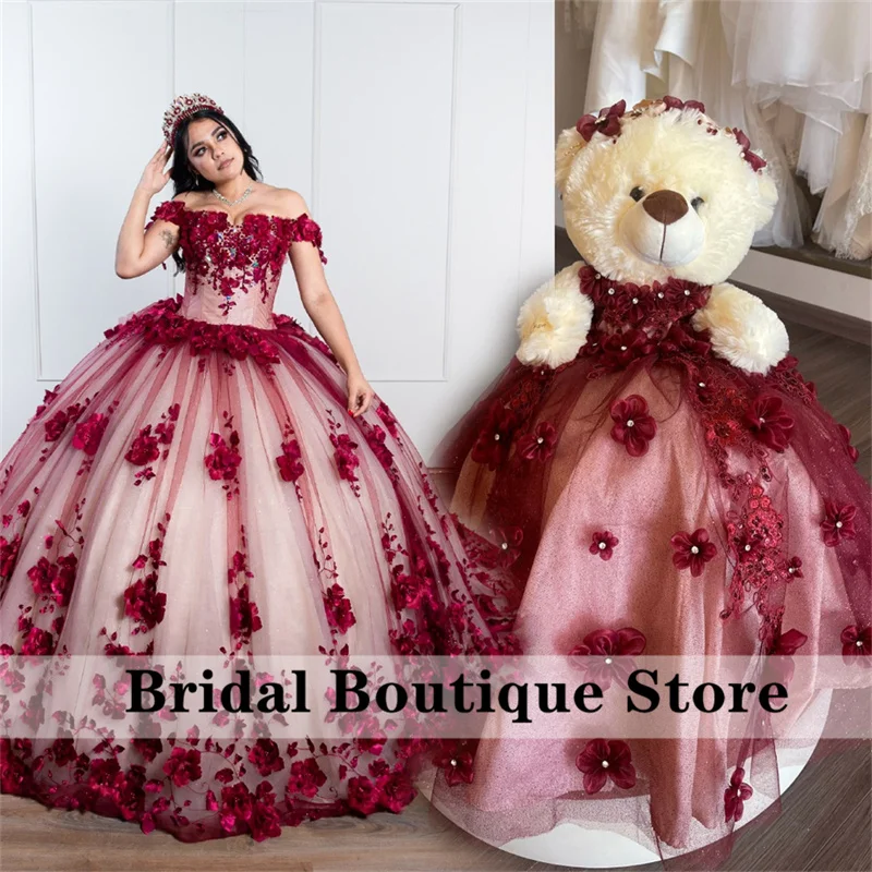 

Special Link For Personalized Quinceanera Teddy Bear Burgundy 3D Flowers Appliques Crystals Beads