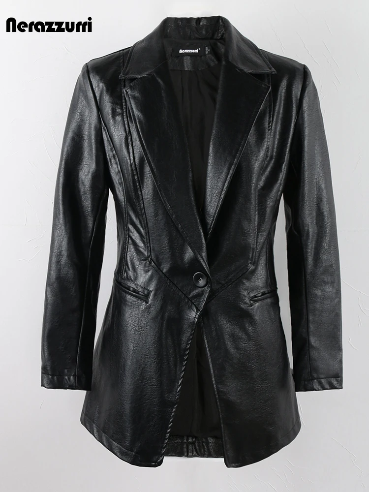 

Nerazzurri Spring Autumn Fitted Black Pu Leather Blazer Women Single Button Slim Fit Luxury Elegant Faux Leather Jacket 2023