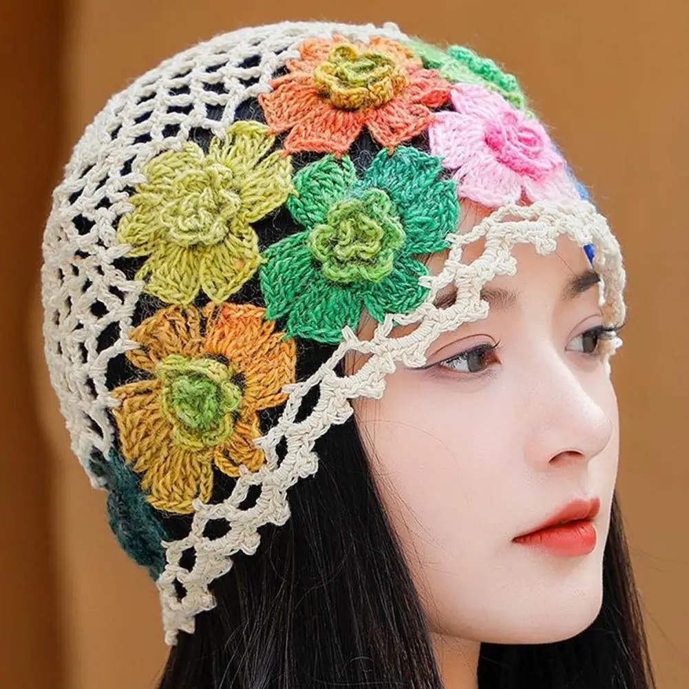 

Japanese Spring Summer Literary and Artistic Colorful Flower Hollow Bag Head Hat Women Sweet Fashion Hand-crocheted Beanie Cap