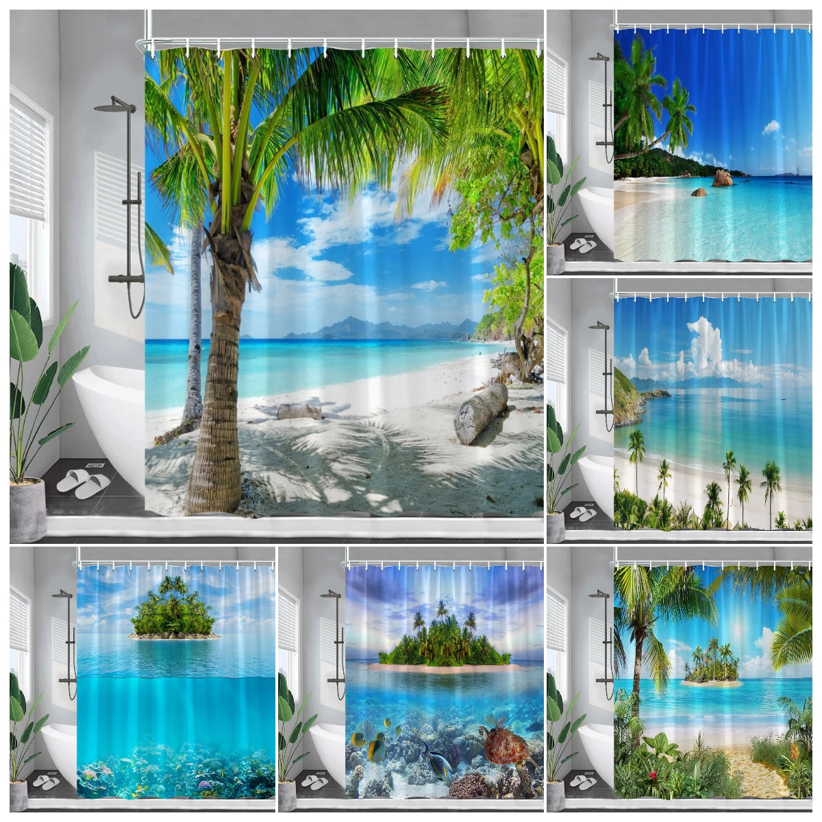 

Ocean Beach Shower Curtain Island Coconut Trees Tropical Plants Sea Turtle Nature Landscape Wall Hanging Bathroom Curtains Decor