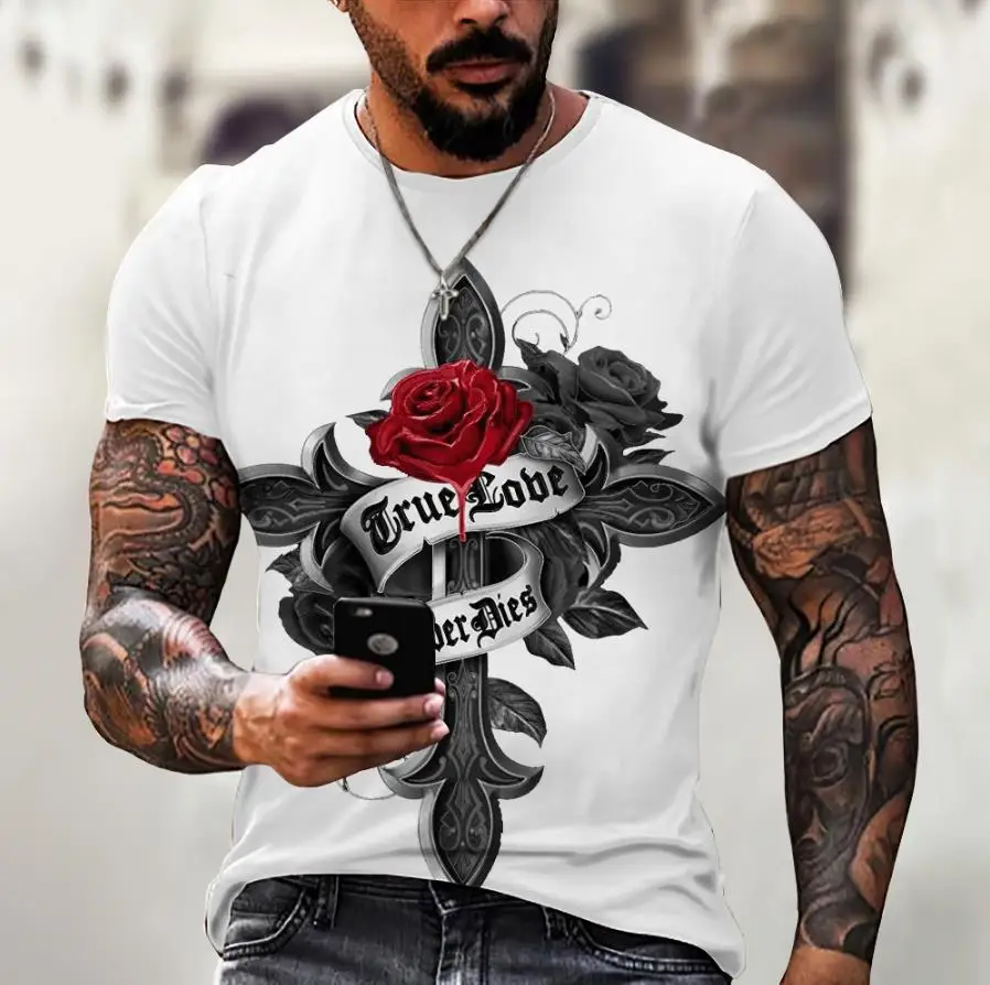 Fashion Cross Rose Pattern Printed Men's T Shirt Round Neck Loose Tops Breathable Comfortable Summer Oversized y2k Clothes Men
Fashion Cross Rose Pattern Printed Men's T Shirt Round Neck Loose Tops Breathable Comfortable Summer Oversized y2k Clothes Men