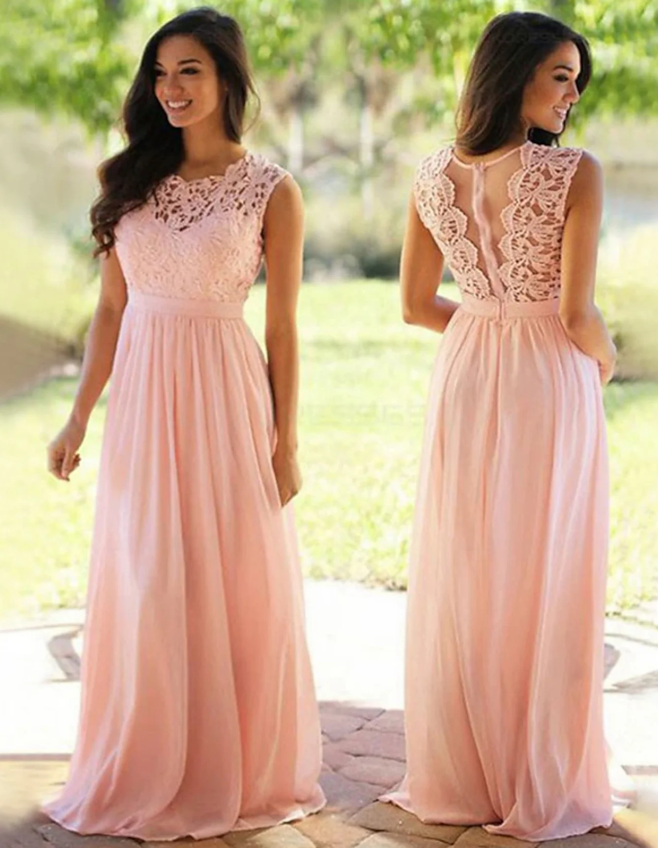 

A-Line Bridesmaid Dress Jewel Neck Sleeveless Elegant Floor Length Chiffon / Lace with Sash / Ribbon / Pleats 2024