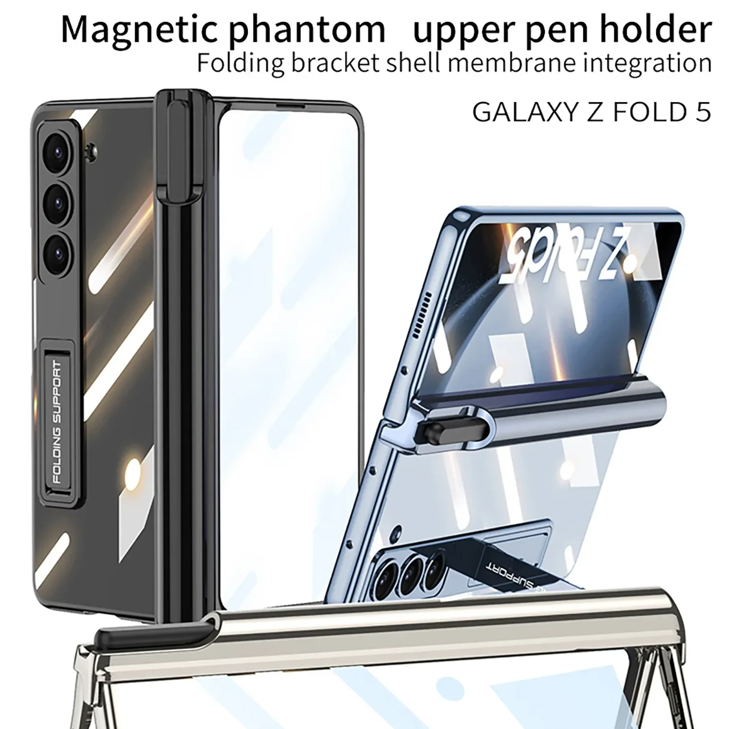 

For Samsung Galaxy Z Fold 5 Case With Tempered Film Hard Cover Electroplated Transparent Magnetic Hinge Pen Holder Kickstand