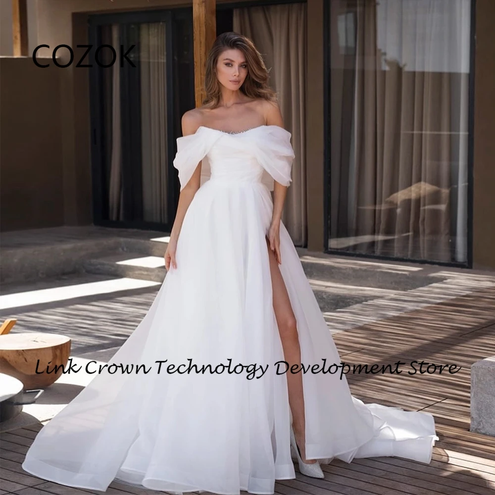 

COZOK White Off Shoulder Wedding Dresses for Women Side Slit Organza Sweep Train Bridal Gowns 2024 Summer New Vestidos De Novia