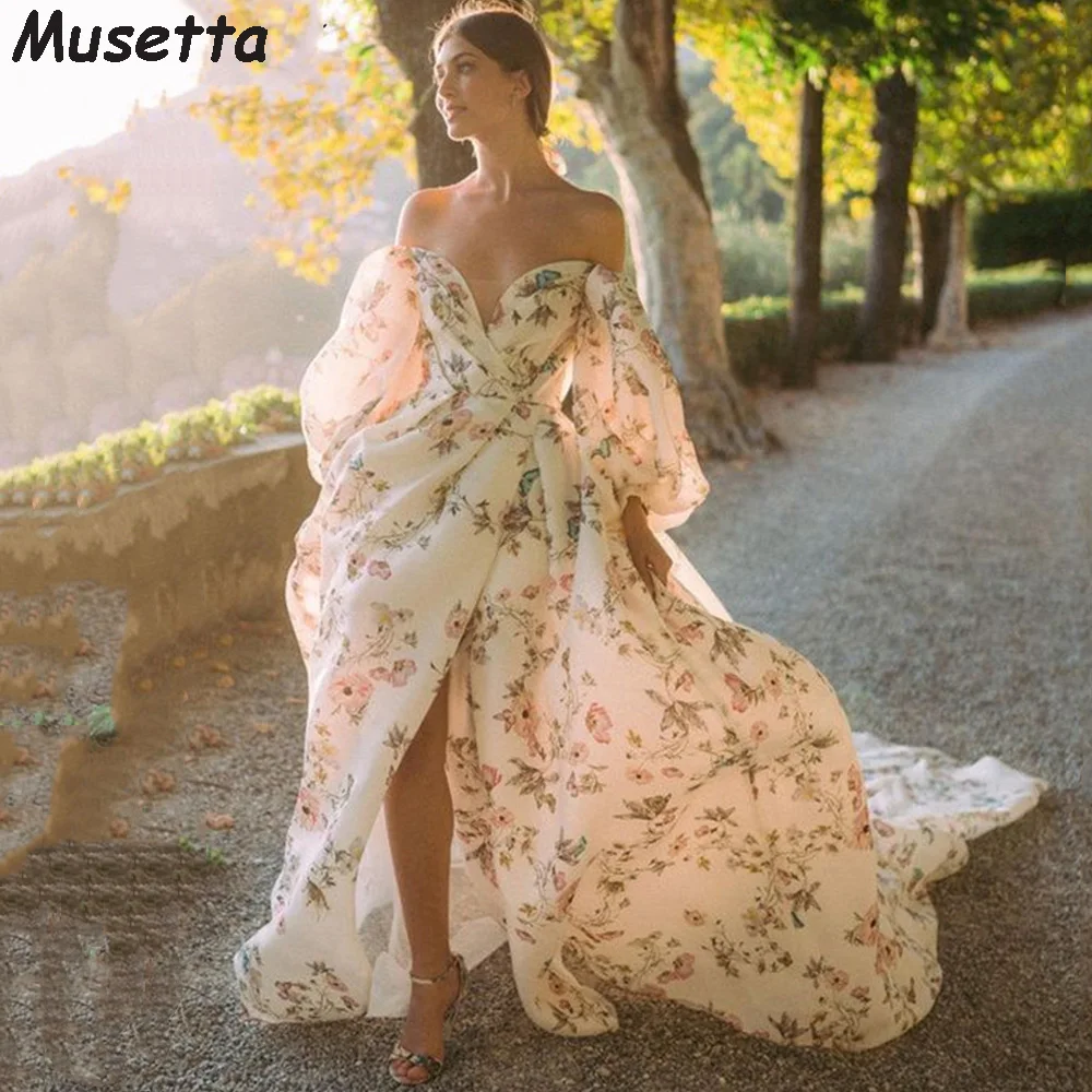 

Musetta Gorgeous Long Evening Dress Sweep Train Vestido De Novia Flower Print Prom Gown Sweetheart Side Split Formal Party Gowns