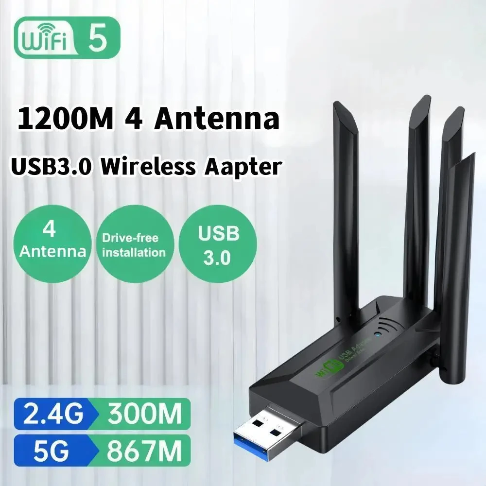 

1200Mbps WiFi USB Adapter Dual Band 2.4G+5Ghz Wi-Fi Dongle 4 Antenna 802.11AC USB3.0 High-Speed Wireless Card Receiver PC/Laptop