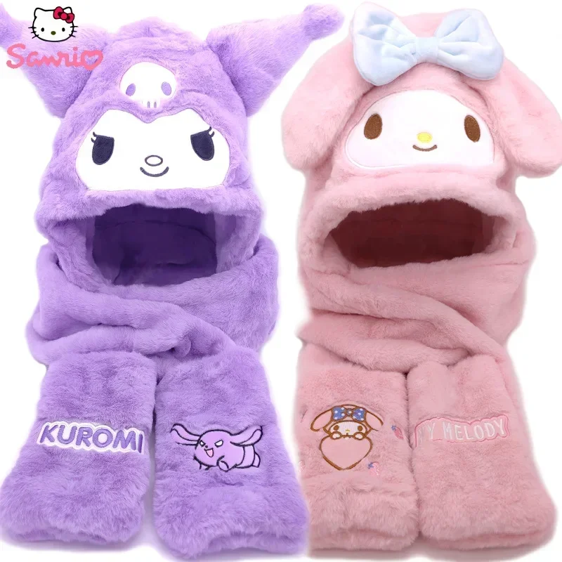 

Sanrio My Melody Kuromi Hat Gloves Scarf Warm Three-piece Set Thickened Plush Ear Protection Winter Ears Cap Cartoon Hat