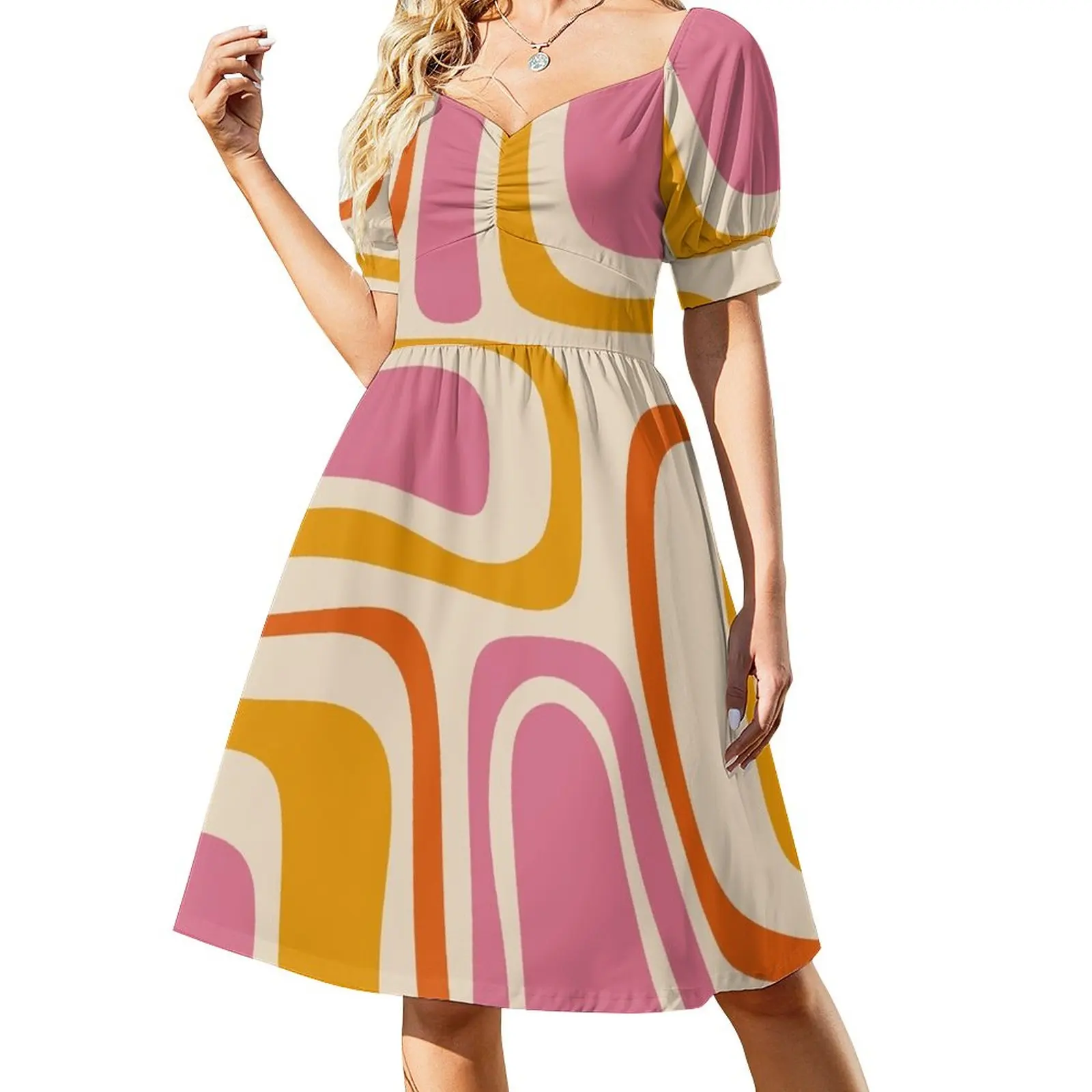 

Palm Springs Retro Mid Century Modern Abstract Pattern in Thulian and Orange Tones Sleeveless Dress Women dresses summer