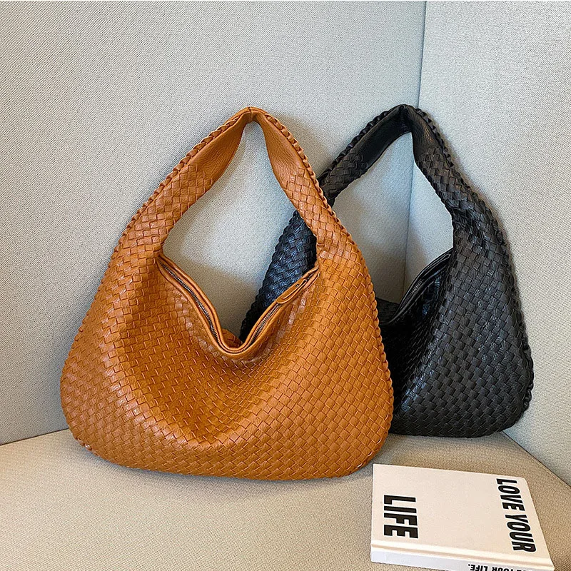 

Korean Style Braid Casual Totes Vegan Pu Leather Tote Bag Large Beach Travel Handbag Chic Handbag Fashion Women Shoulder Bags
