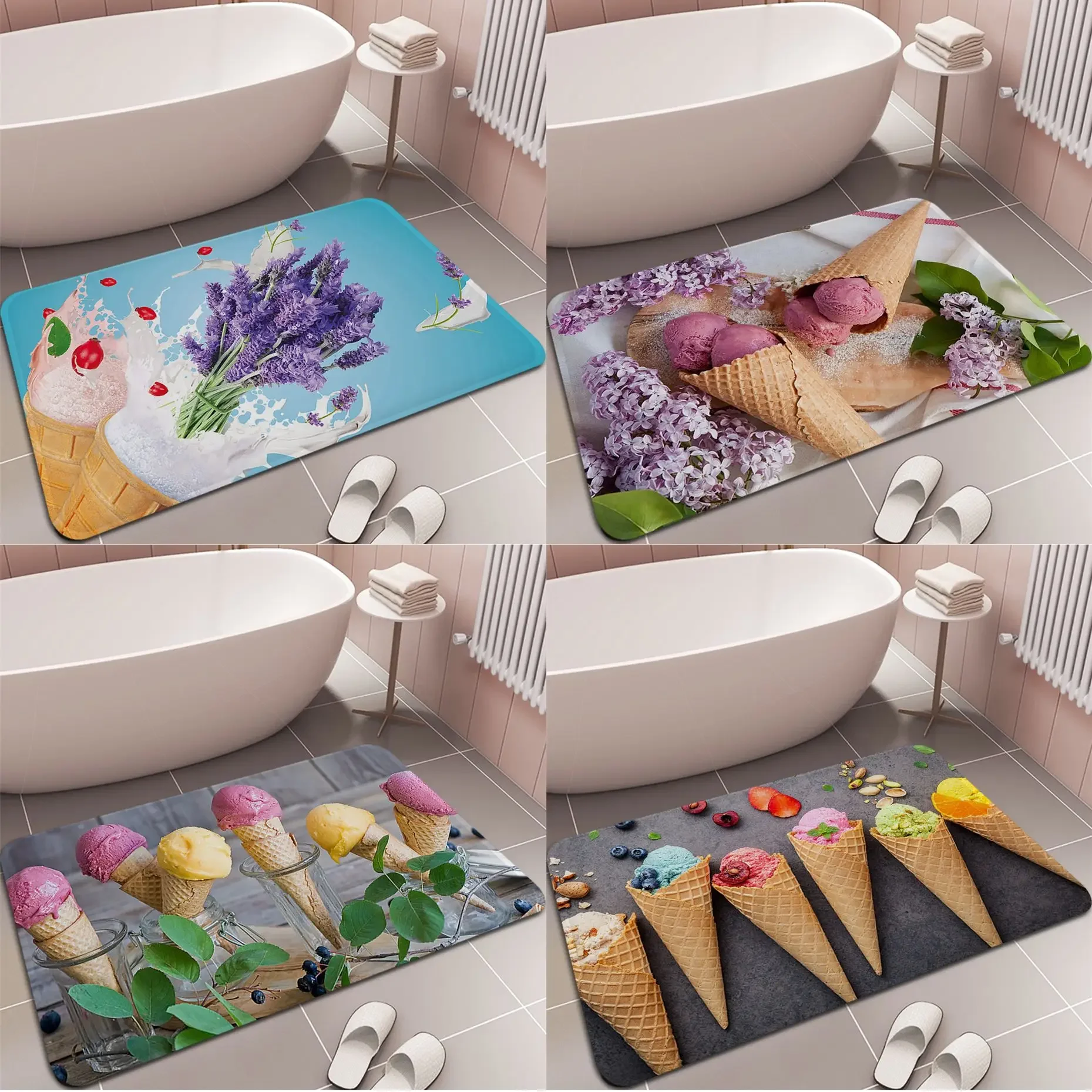 

ice cream Flower Printed Flannel Floor Mat Bathroom Decor Carpet Non-Slip For Living Room Kitchen welcome Doormat