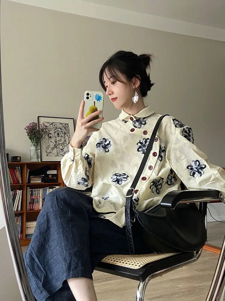 

Korea Spring and Autumn New Chinese Style Chinese Style Retro Art Plate Flower Print Design Sense Small and Loose Relaxed Shirt