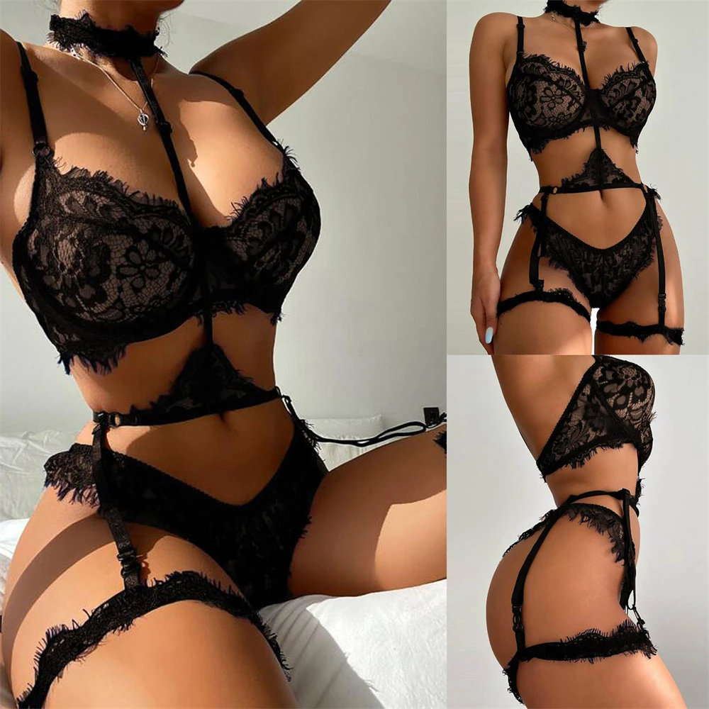 

Sexy Black Lace Lingerie Set Women 2 Pieces Babydoll Underwear Set Waist Garters Push Up Bra Brief Thong Panty Suit With Choker