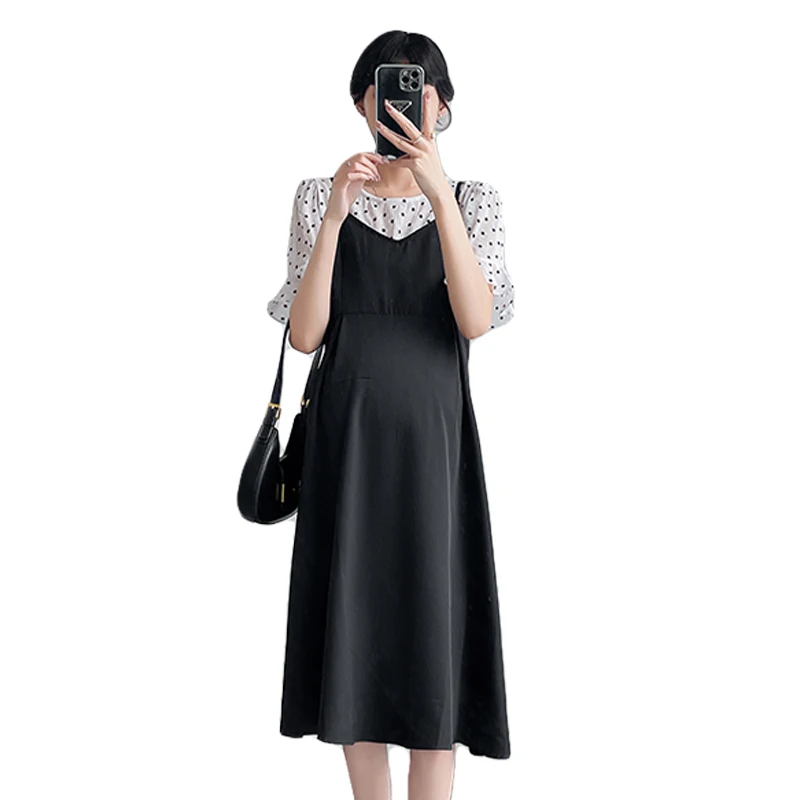 

Summer Pregnant Women's Dress Suits Short Flare Sleeve Polka Dot Shirts+Strap Dress Twinset Elegant Maternity Dresses Suits Cute