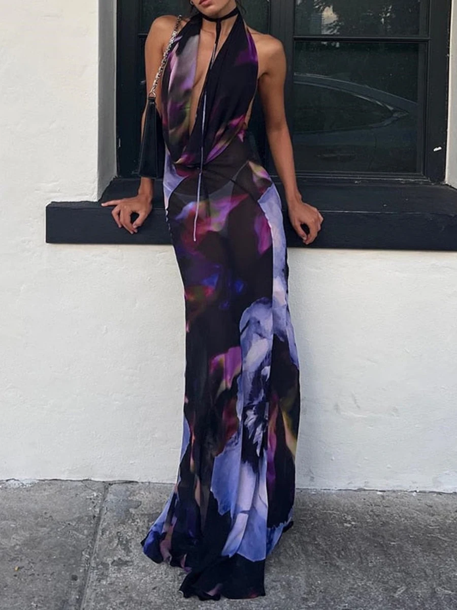 

Women Sexy Backless Bodycon Maxi Dress Wide Straps V-Neck Tie Dye Floral Print Long Dress Slim Fit High Split Party Sundress