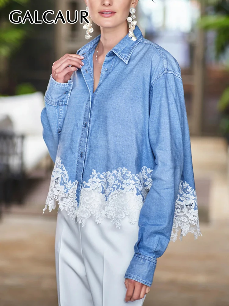 GALCAUR Spliced Lace Colorblock Shirts For Women Lapel Long Sleeve Single Breasted Vintage Loose Denim Blouses Spring Clothing
GALCAUR Spliced Lace Colorblock Shirts For Women Lapel Long Sleeve Single Breasted Vintage Loose Denim Blouses Spring Clothing