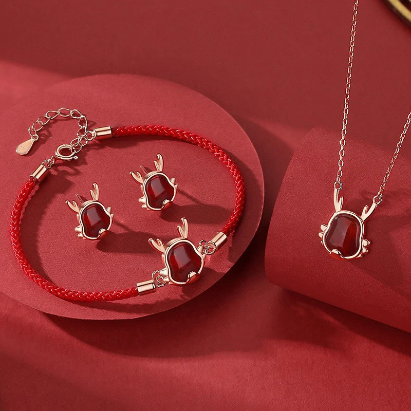 

JYJIAYUJY 100% Whole Original Sterling Silver S925 Necklace Jewelry In Stock CNY Dragon Red Agate Style Gift Daily JYSET01