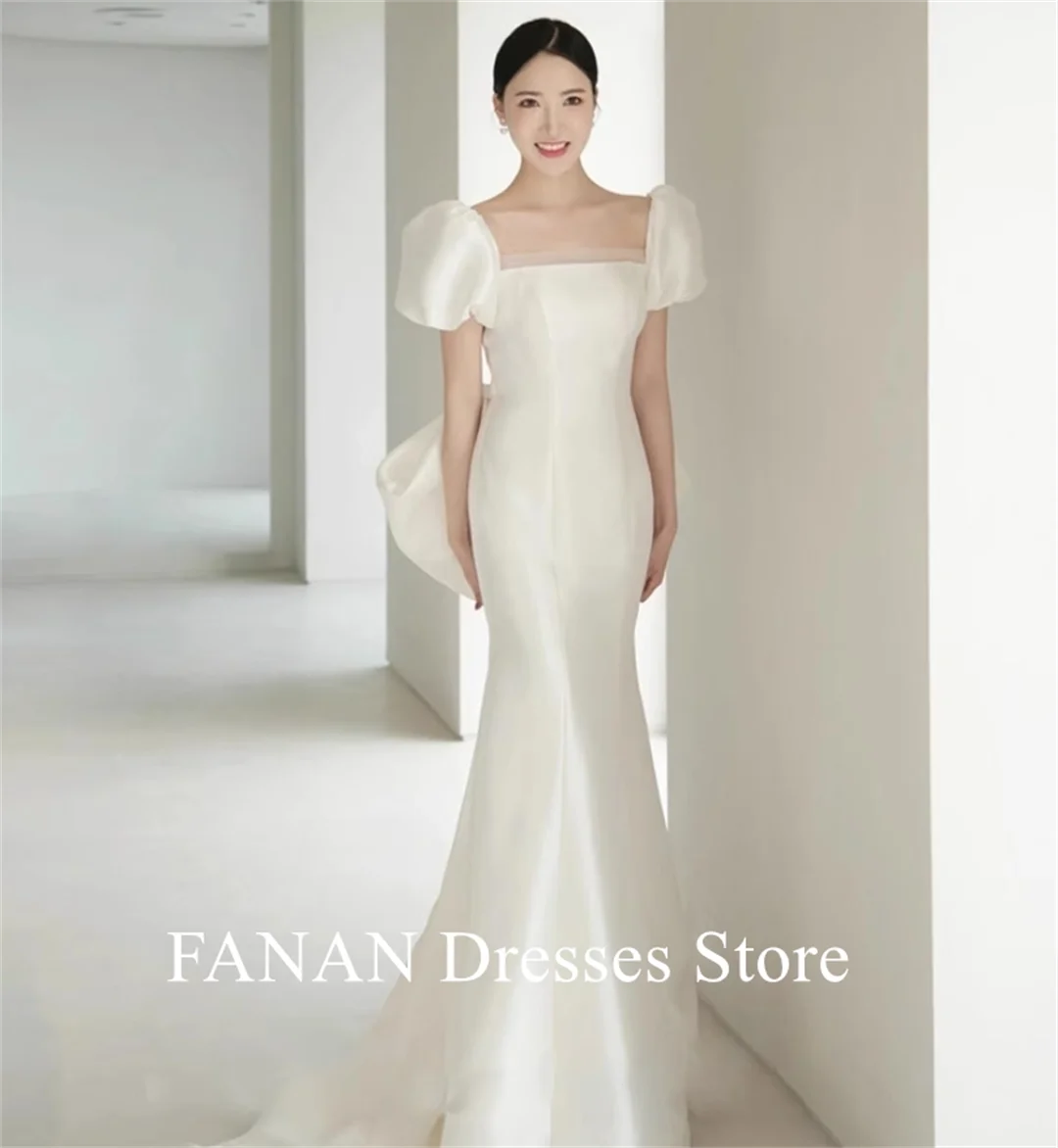 

FANAN Square Collar Korea Ivory Mermaid Wedding Dresses Short Sleeves 웨딩드레스 Satin Bowith Custom Made Bride Gowns Plus Size