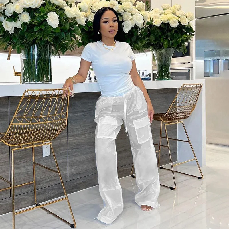 

2023 Hip Hop Chiffon High Waist Women Long Pants White See Through Look Loose Overalls Trousers Girls Summer New Fashion Clothes