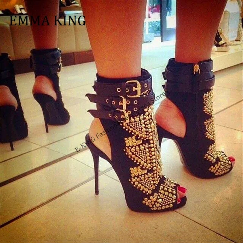 

Women Golden Studded Ankle Boots Sexy Peep Toe Buckle Strap Gladiator Sandals Boots Faux Suede Leather Stiletto Heel Rivets Boot