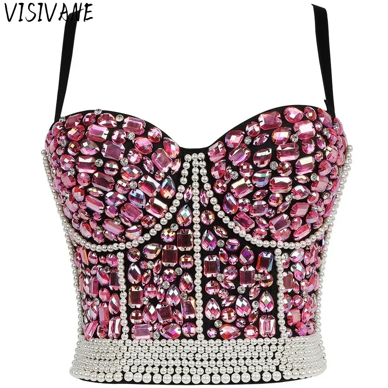 

Visivane Y2k Tops Women Clothing Summer Clothes Sexy Fashion Club Stage Party Performance Costume Show Beading New Hot