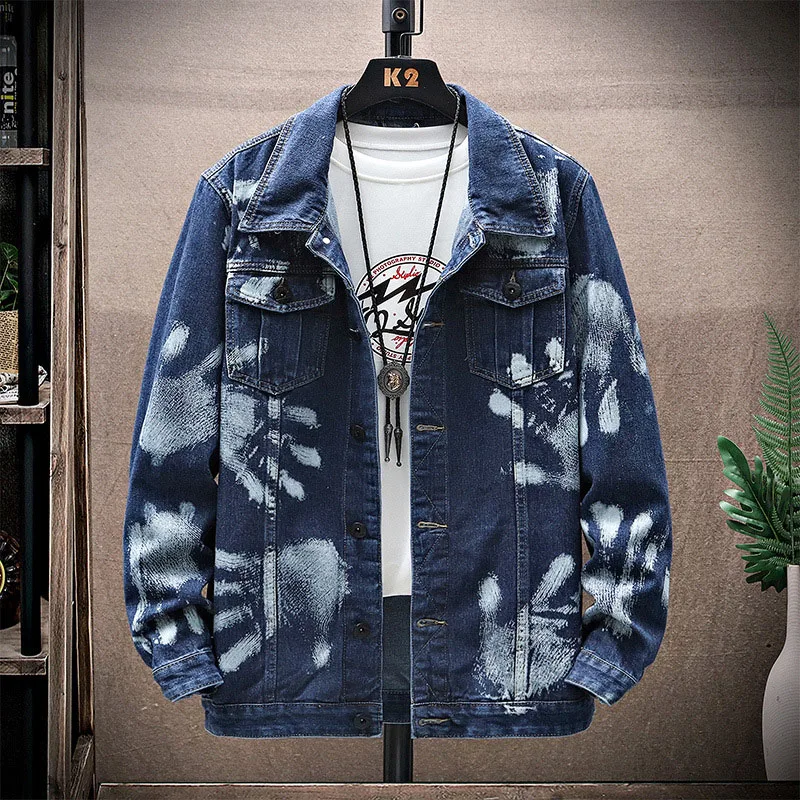 

Denim Jacket For Winter Autumn Camo Casual Turn-Down Camouflage Denim Jacket Print Men's Big &Tall Vintage with Palm Imagine