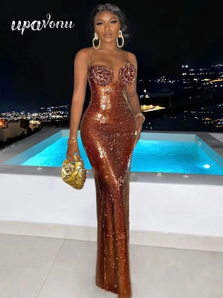 

2023 Petal Shaped Design Spaghetti Straps Ankle Length Sequins Slip Party Cocktail Evening Elegant Celebrity Long Dress Vestidos