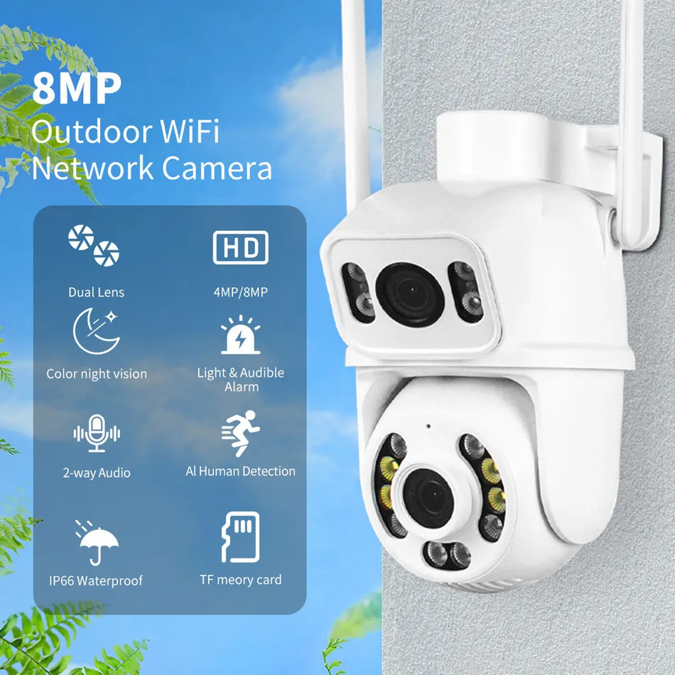 8MP HD WiFi IP Camera Outdoor Dual Lens Screen PTZ Cam Auto Tracking Security Video Surveillance CCTV Icsee Smart Home Cameras
8MP HD WiFi IP Camera Outdoor Dual Lens Screen PTZ Cam Auto Tracking Security Video Surveillance CCTV Icsee Smart Home Cameras