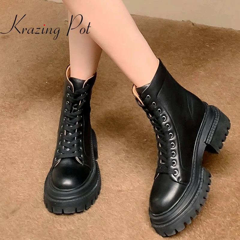 Krazing Pot Genuine Leather Motorcycle Boots Round Toe High Heels Black Thick Bottom Classic Street Wear Lace-up Ankle Boots
Krazing Pot Genuine Leather Motorcycle Boots Round Toe High Heels Black Thick Bottom Classic Street Wear Lace-up Ankle Boots