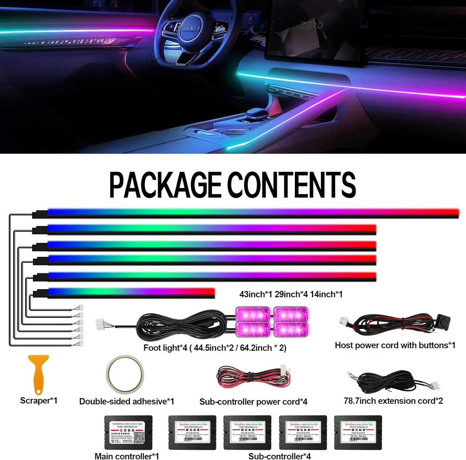 

18 in 1 64 Color RGB Symphony Car Ambient Light Interior Acrylic Guide LED Strip Light Decoration Atmosphere Lamp by APP Control