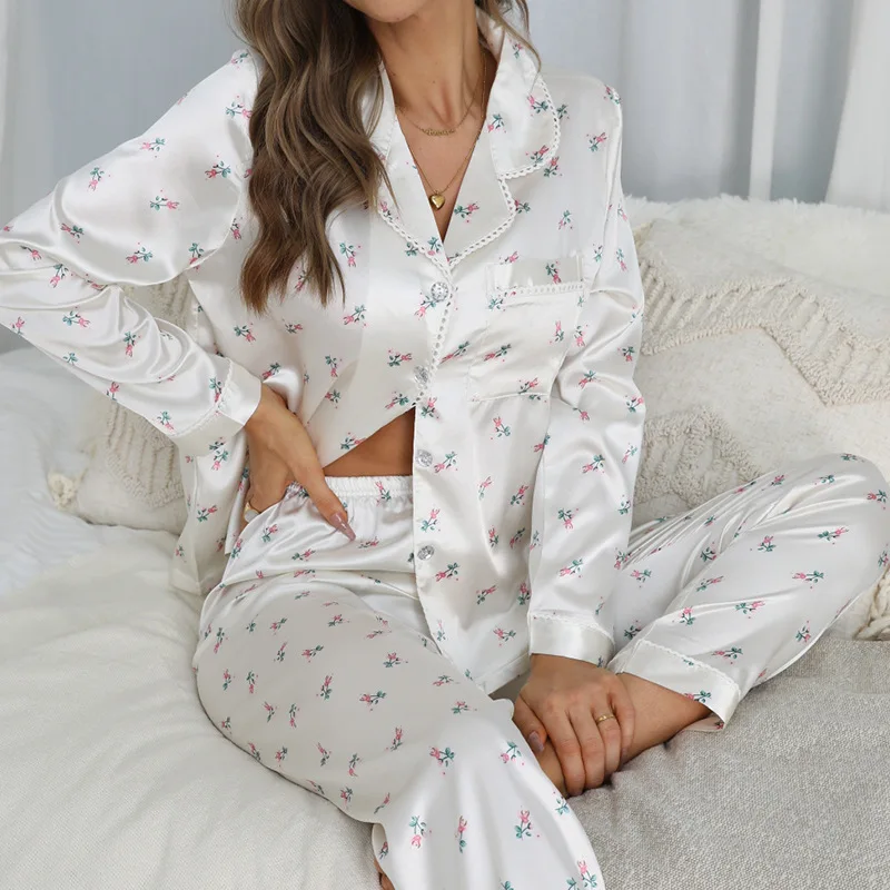 

Женская длинная Пижама, пижамный комплект с брюками, одежда для сна, пикантная Пижама с кружевной отделкой, 2 шт., пижамы, новинка, сатиновая Домашняя одежда с принтом