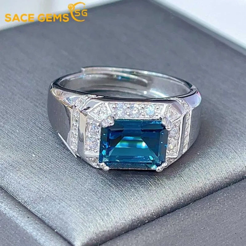 

SACEGEMS New Luxury 7*9MM Natural London Blue Topaz Luxury Ring for Man 925Sterling Silver Wedding Engagement Fine Jewelry Gifts