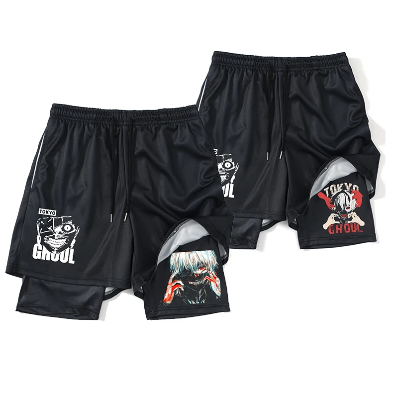 

Men Anime Tokyo Ghoul Shorts Double-Deck Running Shorts 2 In 1 Beach Bottoms Summer Gym Fitness Training Jogging Short Pants