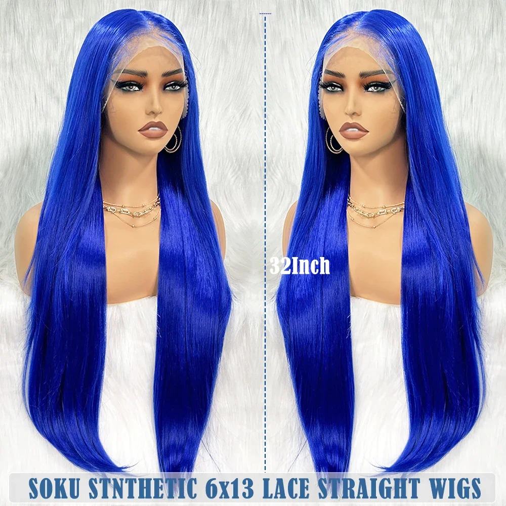 

SOKU 13x6 13x4 Lace Frontal Synthetic Wig 32 Inch Long Straight Fluffy Layered Wig for Black Women Pre Plucked with Baby Hair