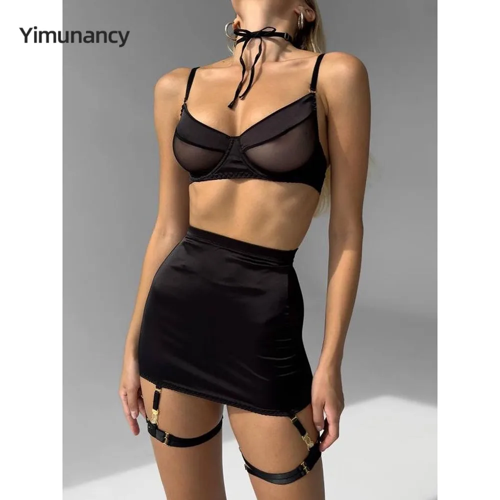 

Yimunancy Bow Tie Mesh Patchwork 5-Piece Lingerie Women Sexy Bra + Panty Underwear Set Garter Erotic Brief Kit