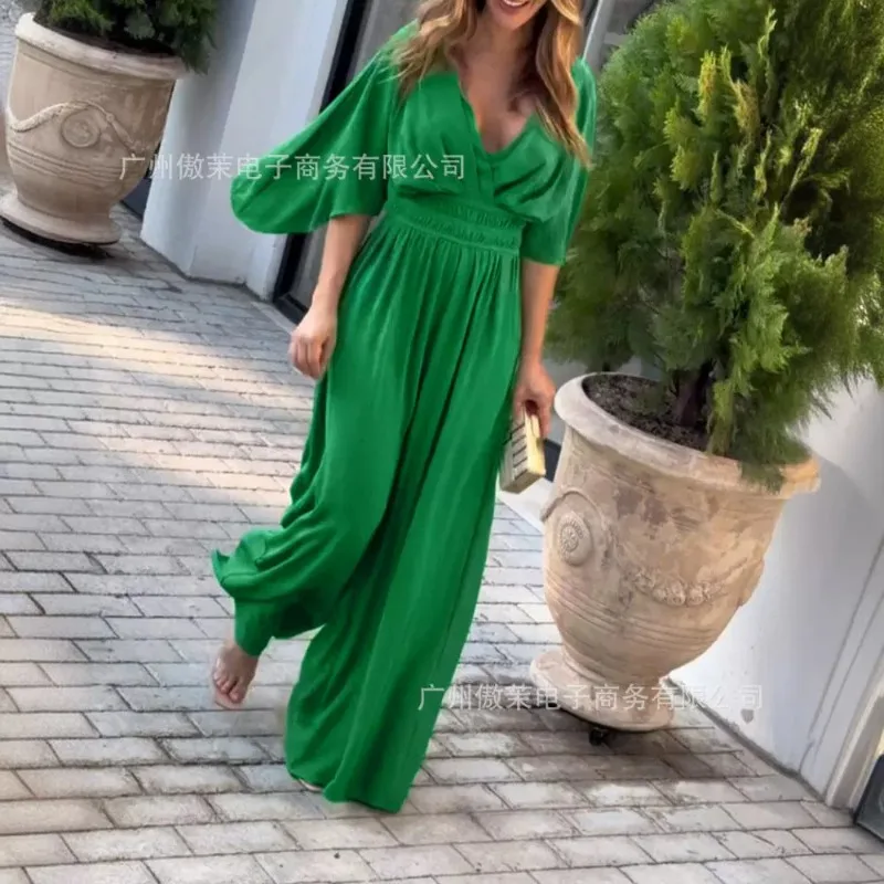 

Stylish Temperament 2024 Spring Summer New Women's Clothing Solid Color Bell Sleeve Deep V-neck Waist Wide Leg One-Piece Trouser