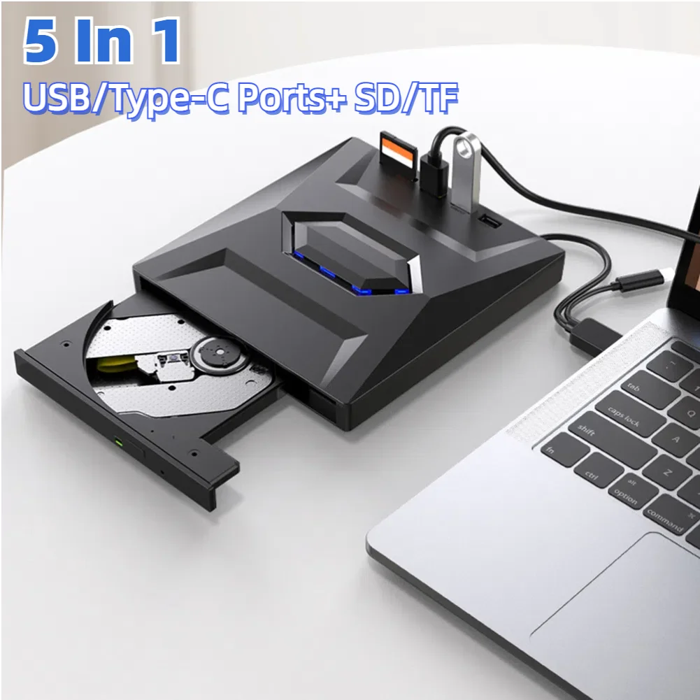 

USB3.0 External CD DVD Drive with USB/Type-C Ports+ SD/TF 5 In 1 Portable CD DVD ROM for Mac/Linux Windows XP/10/8/7 Laptop PC