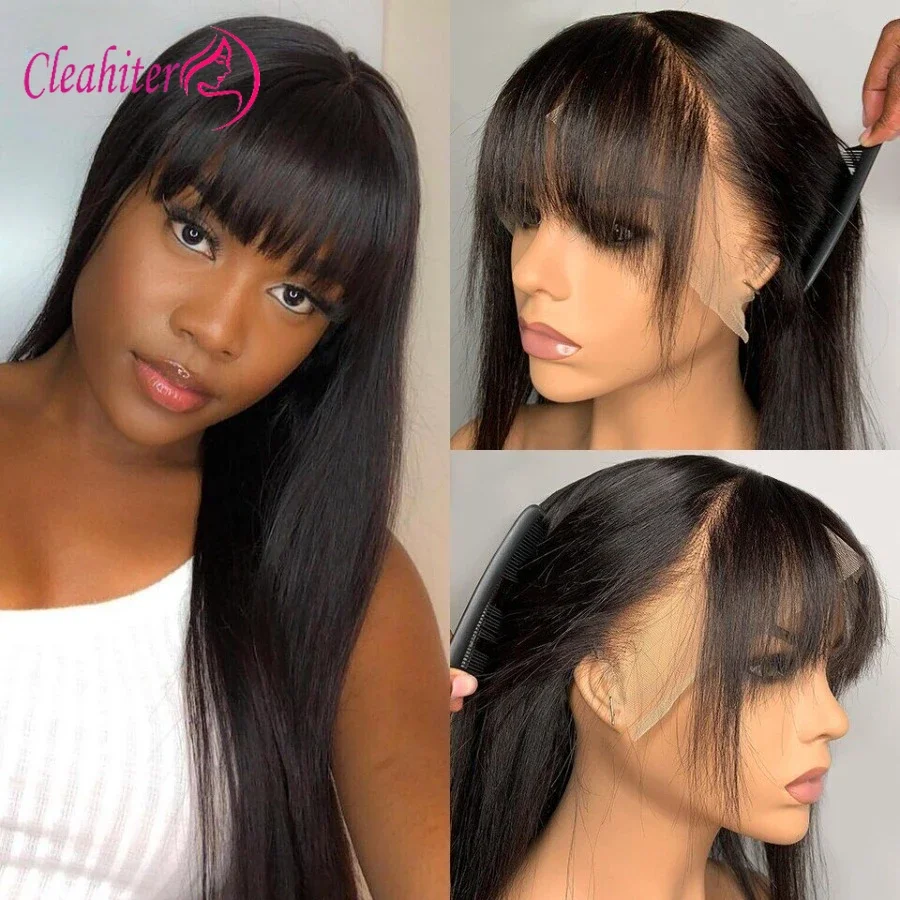 

13x4 Silky Straight Lace Frontal Human Hair With Bang 4x1 T Middle Part Closure Wig Natural Hairline Brazilian Virgin Hair 180%