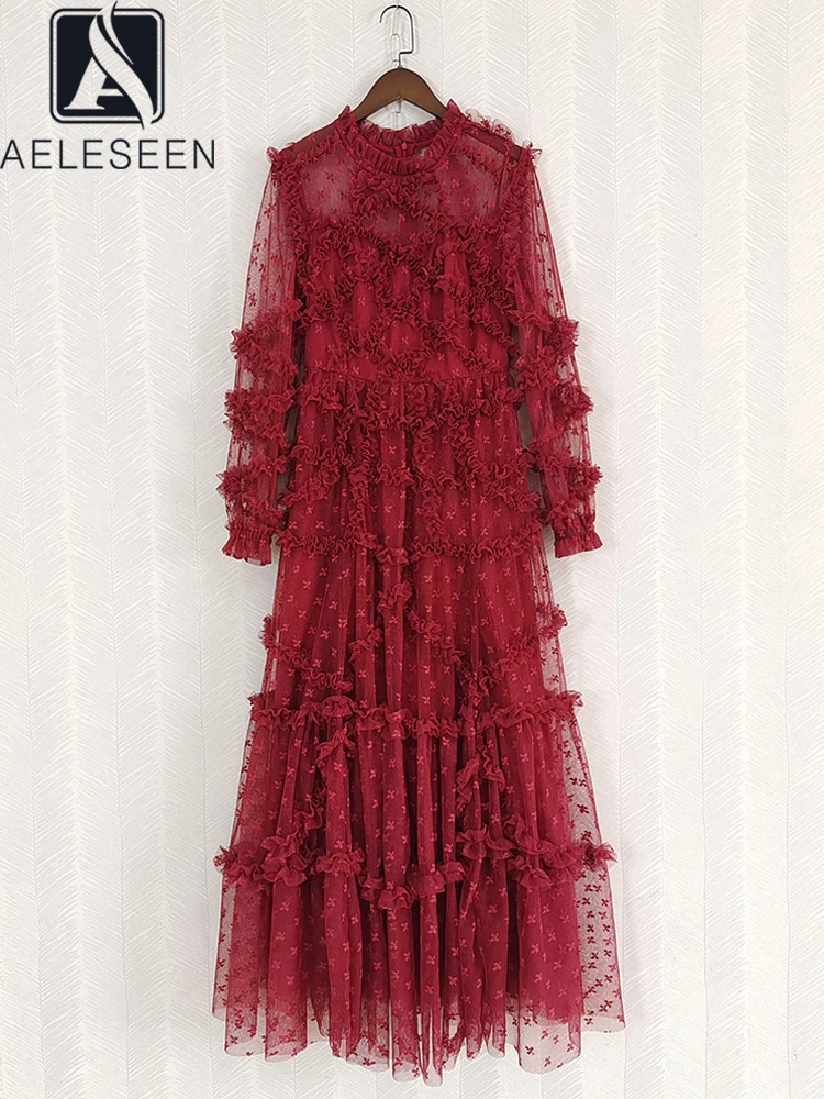 

AELESEEN Fashion Runway Women Layered Dress Spring Autumn Flower Embroidery Ruffles Edible Tree Fungus 3D Gauzes Elegant Long