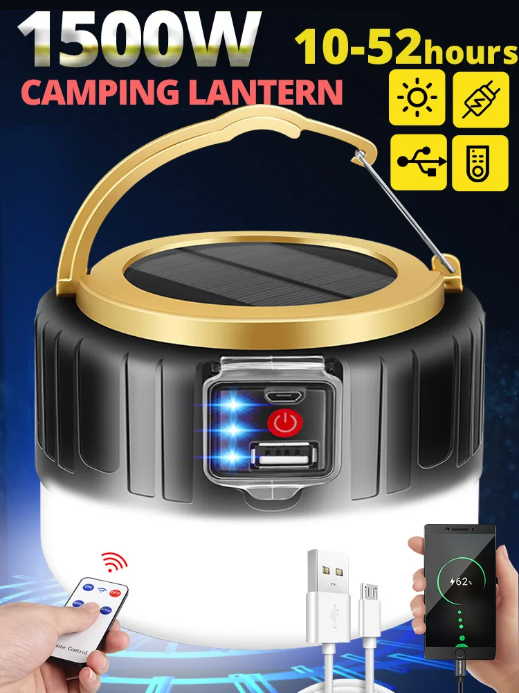 

1500W Powerful Solar Camping Light Outdoor Tent Lamp Portable Lantern USB Flashlight Night Emergency Bulb Built-in Battery Lamps