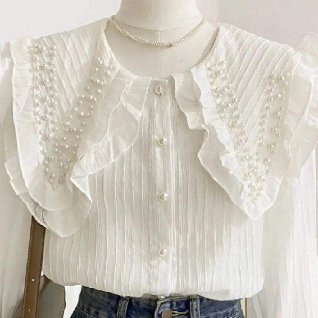 2023 Autumn New Fashion Beaded Collar Long Sleeved Shirt for Women White Sweet Shirt Blouse Top
2023 Autumn New Fashion Beaded Collar Long Sleeved Shirt for Women White Sweet Shirt Blouse Top