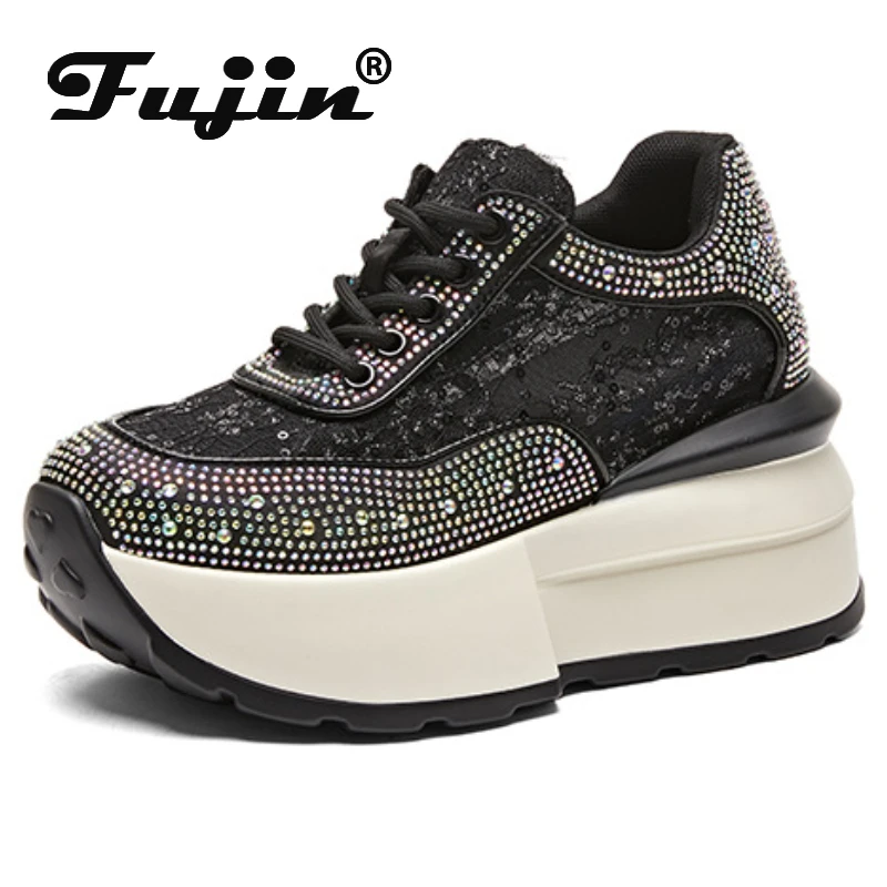 

Fujin 8cm Air Mesh Synthetic Platform Wedge Casual Lace Up Flat Chunky Sneaker Bling Bling Leather Comfy High Brand Summer Shoes