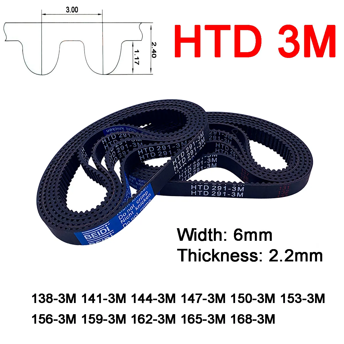 

1Pc Width 6mm 3M Rubber Arc Tooth Timing Belt Pitch Length 138 141 144 147 150 153 156 159 162 165 168mm Synchronous Belt Closed