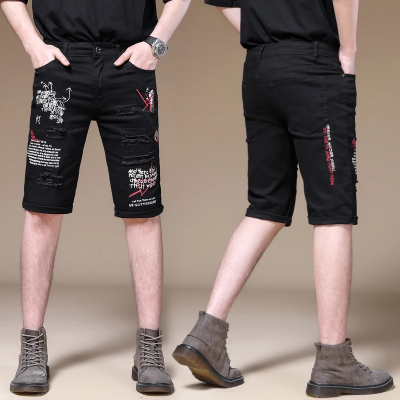 

Denim Shorts Jeans Men Ripped 2023 Summer Black Jeans Men's Shorts Hip Hop Embroidery Slim Fit Stretch Patched Distressed Frayed